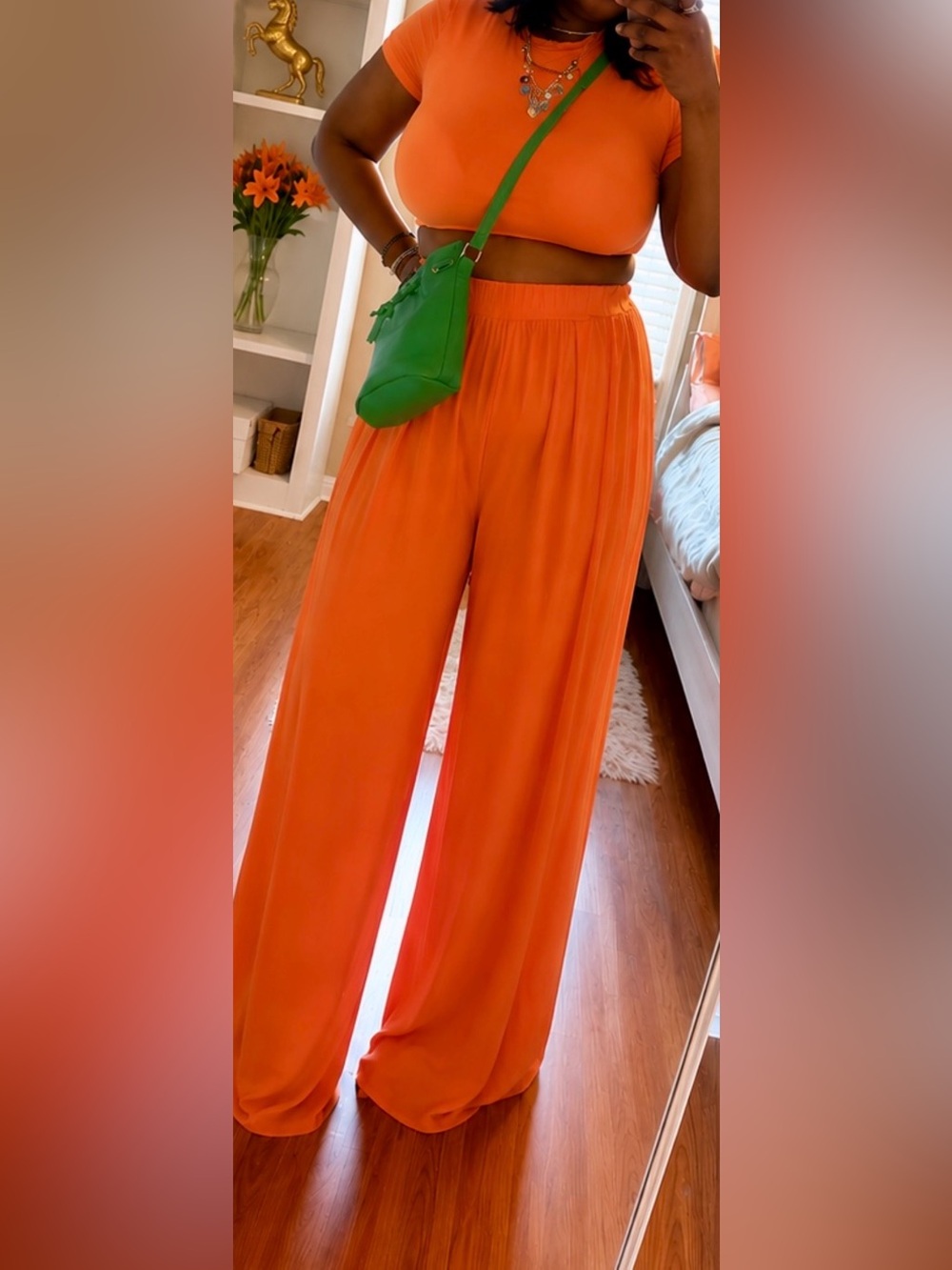 High-Rise Wide-Leg Pull-On Pants in Vibrant Orange SET
